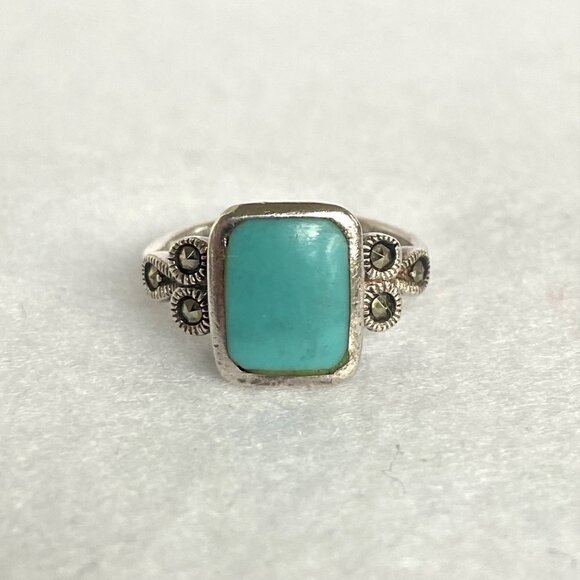 Sterling Silver 925 Rectangular Faux Turquoise Inlay Marcasite Shank Ring Sz 6.5 - Picture 3 of 16